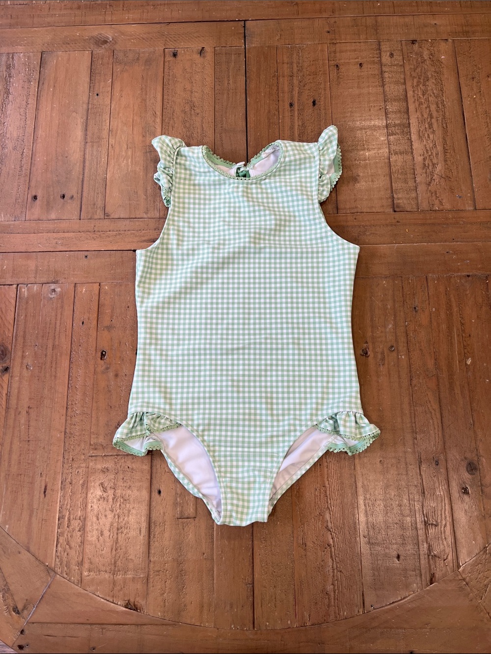 Minnow green gingham plaid one piece swimsuit 9-10 years ruffle bow